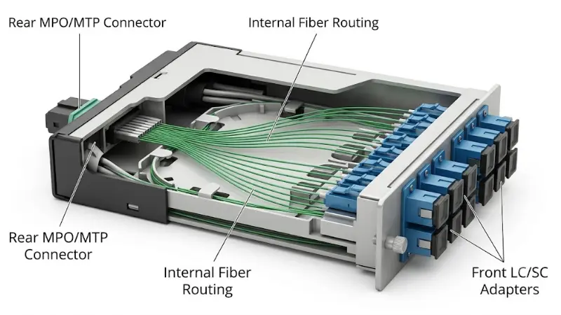 Internal structure of an MPO breakout module showing MPO connector, fiber routing, and LC adapters
