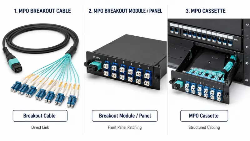 MPO breakout cable application diagram for 40G to 4x10G, 100G to 4x25G and 400G breakout